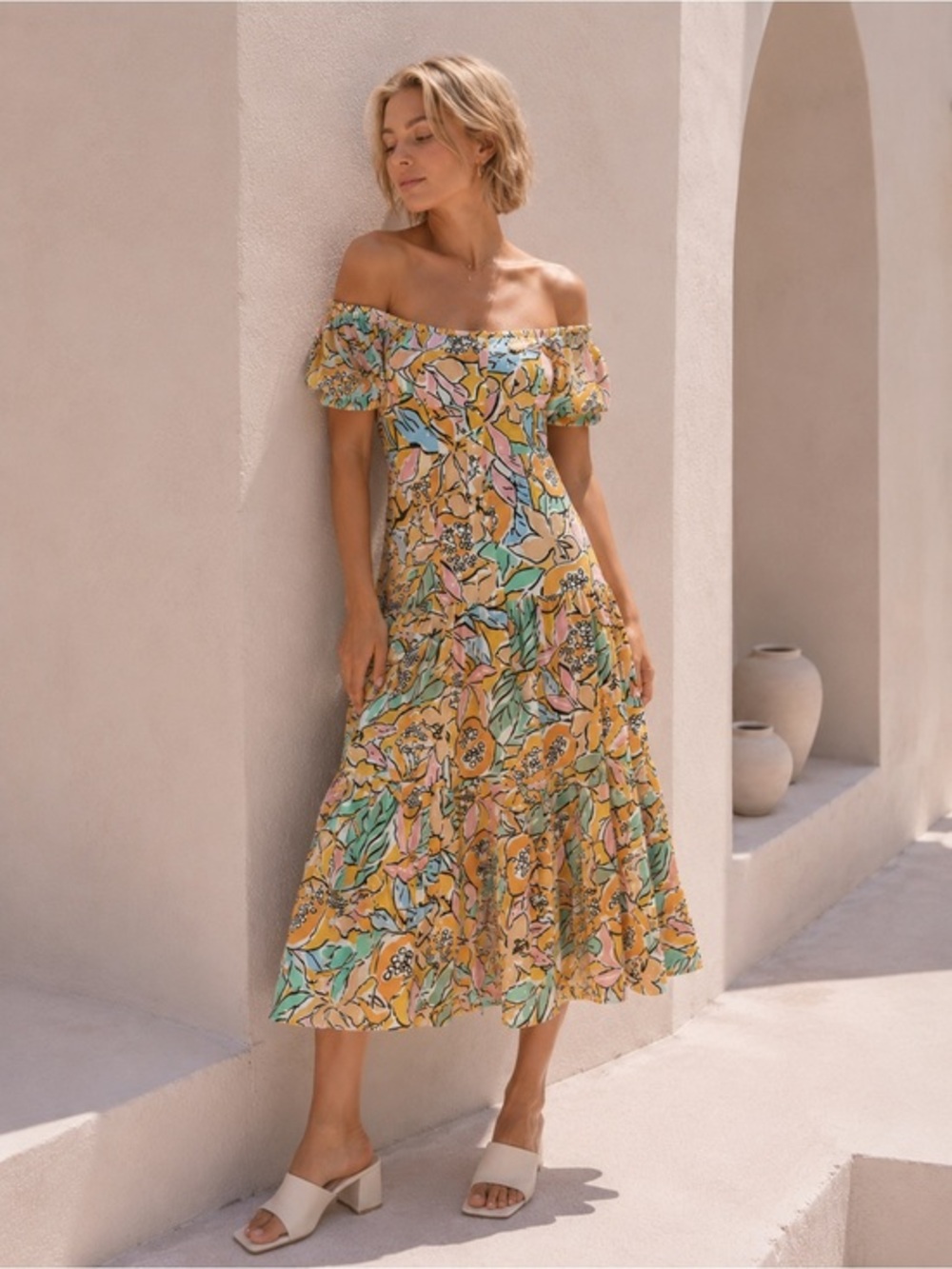 ASTR the label pastel floral saveria tropical button front midi dress